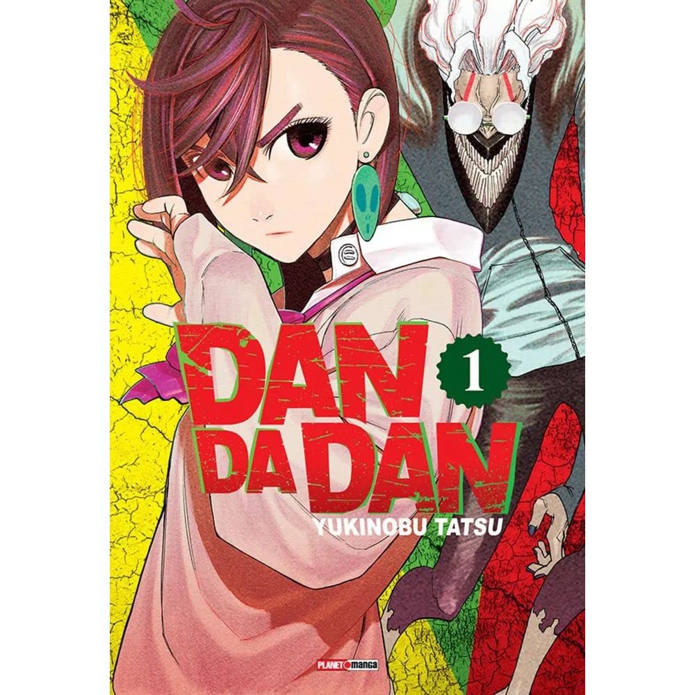 Capa do mangá "Dandadan", volume 1, com ilustração dinâmica dos personagens principais em um fundo amarelo e verde.