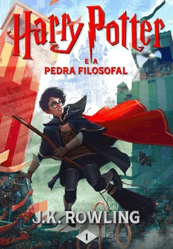 Capa do livro 'Harry Potter e a Pedra Filosofal', de J.K. Rowling. A capa mostra um garoto voando em uma vassoura, praticando o quadribol, esporte que se tornou um ícone da fantasia. Uma obra que se destaca entre os 10 melhores livros de fantasia para quem busca aventura e magia em 2025