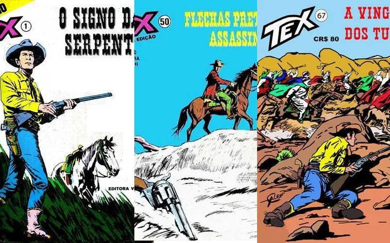 Capas das edições clássicas de TEX: 'O Signo da Serpente', 'Flechas Pretas Assassinas' e 'A Vingança dos Tukos'. Um guia visual essencial para quem quer saber como começar a ler TEX explorando as diferentes revistas.