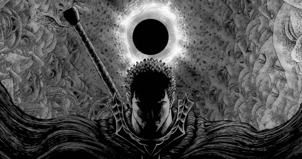 Ilustração de Guts em Berserk com o Eclipse ao fundo, representando um dos momentos mais impactantes de um dos melhores mangás seinen.
