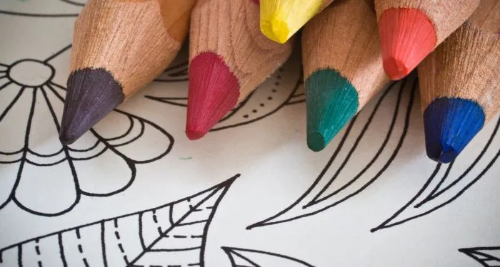 Lápis de cor sobre páginas de livros de colorir para adultos, mostrando detalhes de ilustrações e criatividade