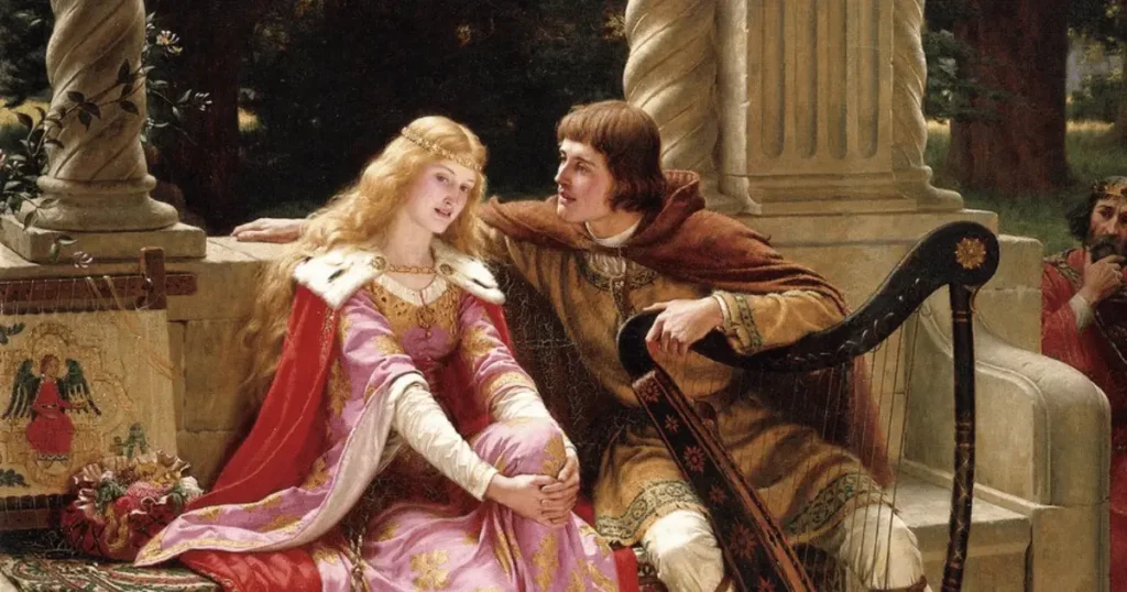 Casal medieval em trajes elegantes trocando olhares românticos em pintura clássica, representando o clima dos livros de romance clássicos.