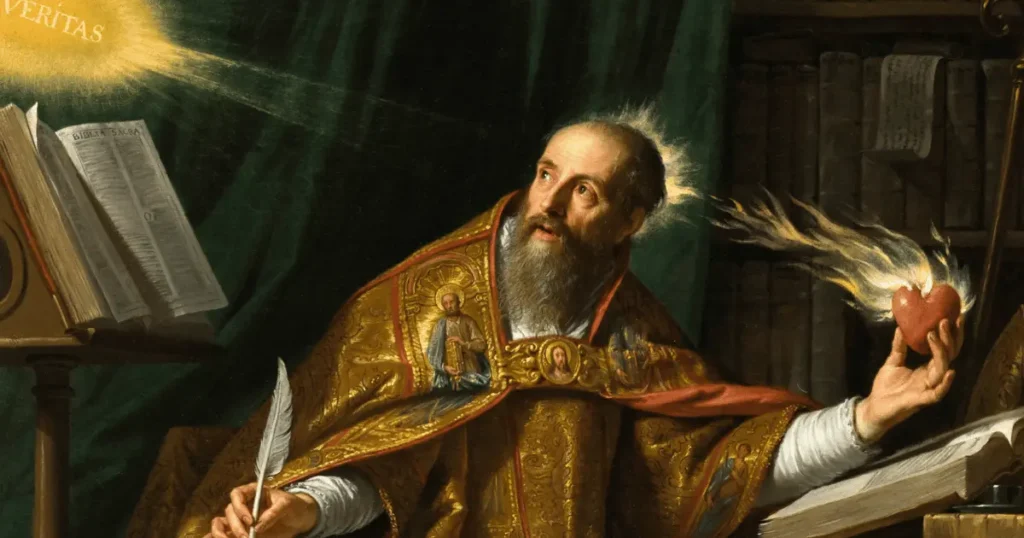Pintura de Santo Agostinho em seu escritório, com expressão de contemplação voltada para a luz com a palavra "Veritas". Ele segura uma pena na mão direita e um coração em chamas na esquerda, simbolizando fé e sabedoria, com livros e uma Bíblia abertos ao redor.