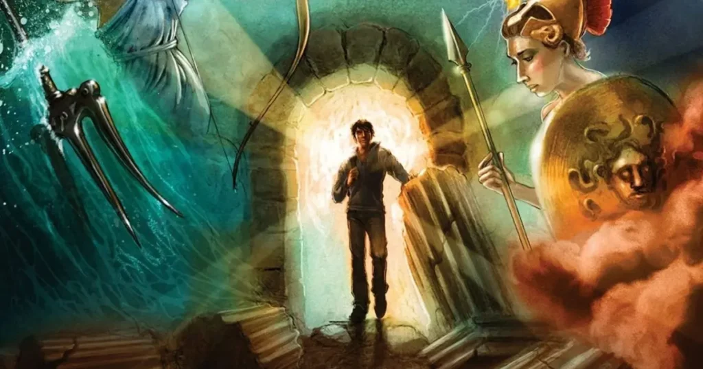 Ilustração de Percy Jackson em meio a símbolos mitológicos, representando livros parecidos com Percy Jackson.
