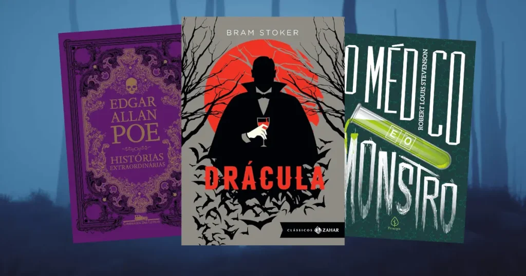 Capas dos livros clássicos de terror "Histórias Extraordinárias" de Edgar Allan Poe, "Drácula" de Bram Stoker e "O Médico e o Monstro" de Robert Louis Stevenson, com fundo escuro e atmosfera sombria.