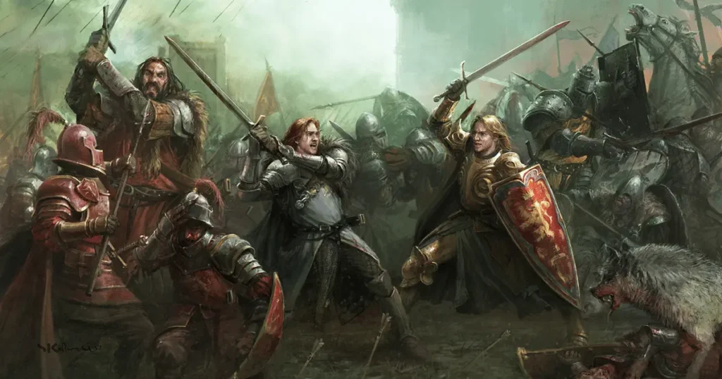 Imagem inspirada em batalhas de A Canção de Gelo e Fogo, mostrando cavaleiros medievais em combate, escudos heráldicos e ambientação de fantasia sombria como em Game of Thrones.