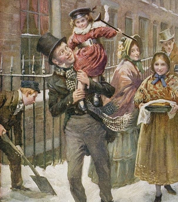 arte do livro Um Conto de Natal, mostrando uma familía se divertindo na neve