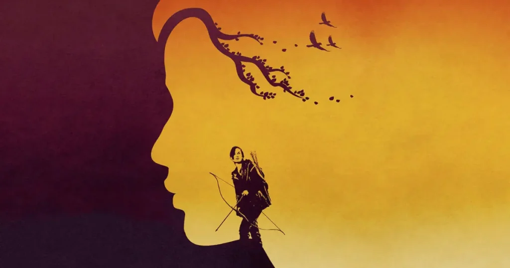 Arte da série de livros Jogos Vorazes mostrando a silhueta da protagonista Katniss Everdeen