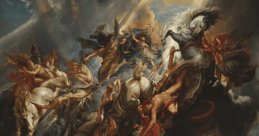 Obra “A queda de faetonte”, de Peter Paul Rubens, retratando o mito de Faetonte, filho de Hélio, que perde o controle da carruagem do Sol — uma cena marcante dos mitos descritos em livros sobre mitologia grega.