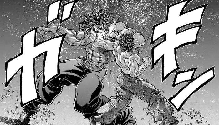 Combate brutal entre lutadores musculosos no mangá Baki, o Campeão, conhecido por suas lutas intensas e técnicas marciais.
