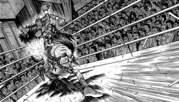 Cena de boxe com lutador aplicando um golpe poderoso em Hajime no Ippo, mangá clássico de artes marciais e superação.