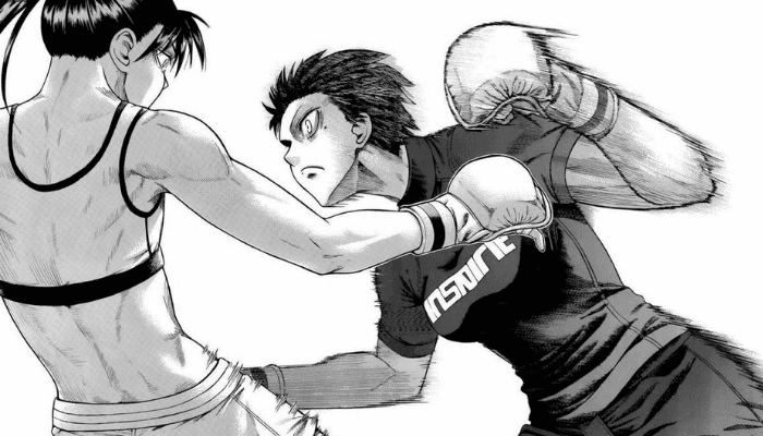 Lutadoras de boxe trocando golpes em uma luta intensa no mangá Teppu, obra de artes marciais realista.