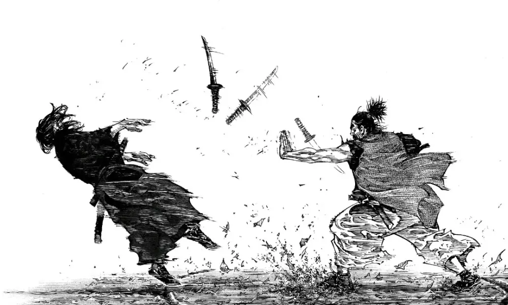 Duelo entre samurais em Vagabond, mangá inspirado na vida de Musashi Miyamoto, com arte realista e intensa.